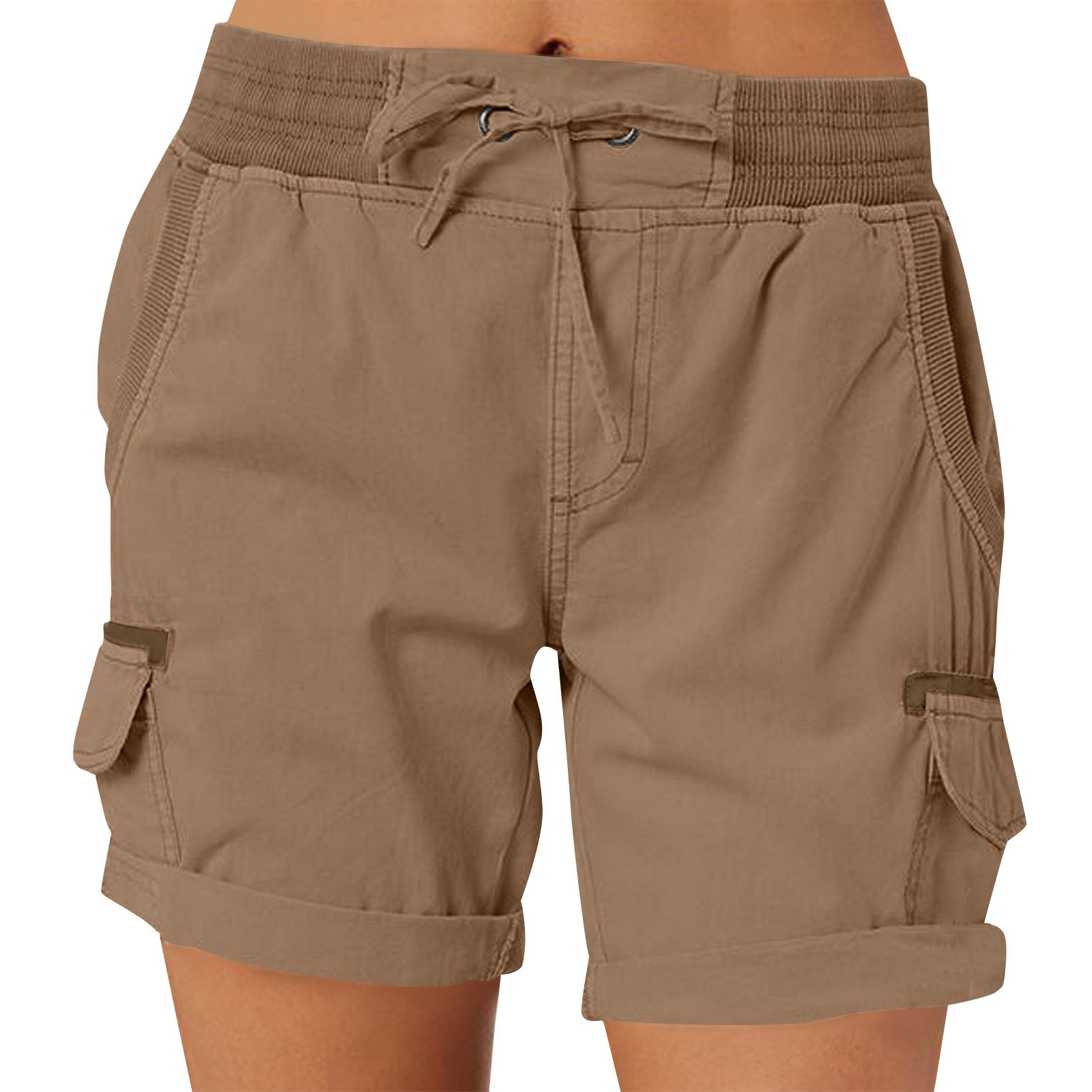 Bermuda Cargo Shorts Women 2025 Drawstring Elastic Waist Summer Shorts Outdoor Beach Hiking Casual Shorts with Pockets Light Brown L